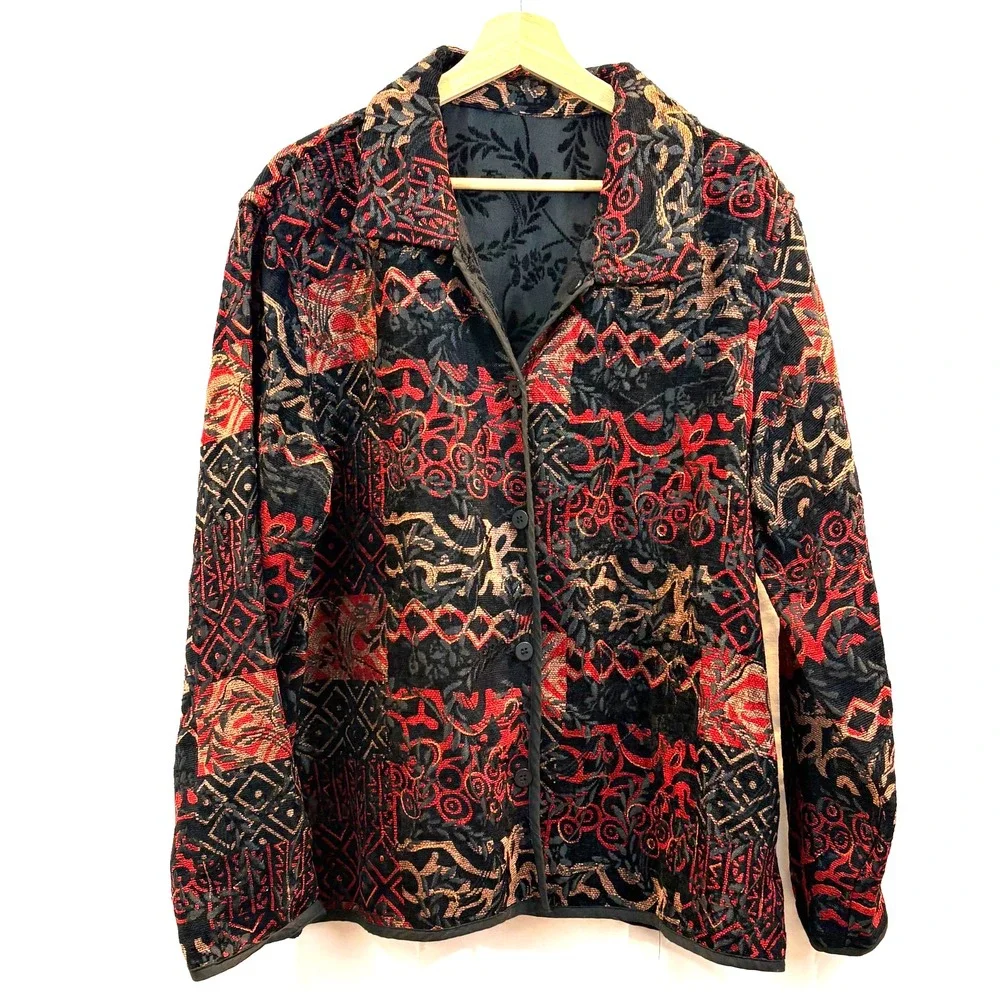 Women's Handmade Reversible Artsy Jacket, Black Red Gold Button Front Size Large